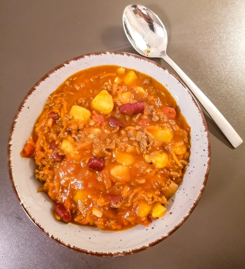 Chili Con Carne with Potatoes and Beans Stock Photo Image of salad