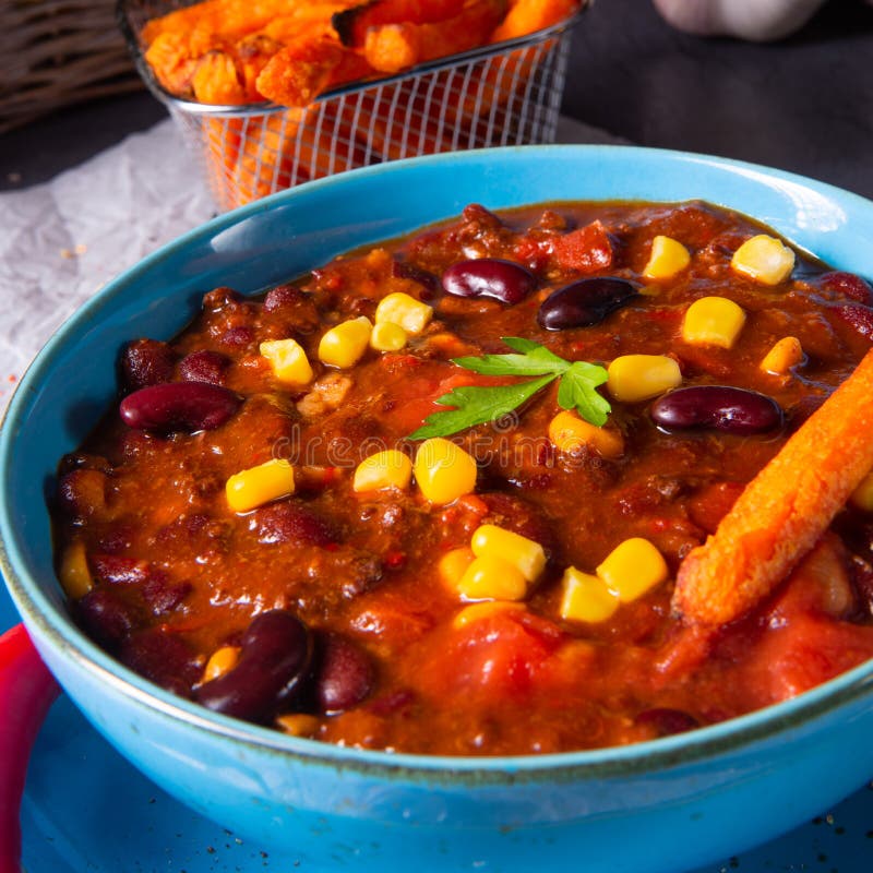 Chili Con Carne with Sweet Potato and Spicy Nachos Stock Image - Image ...