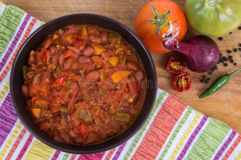 Chili con carne bowl high angle view. Chili con carne bowl high angle view