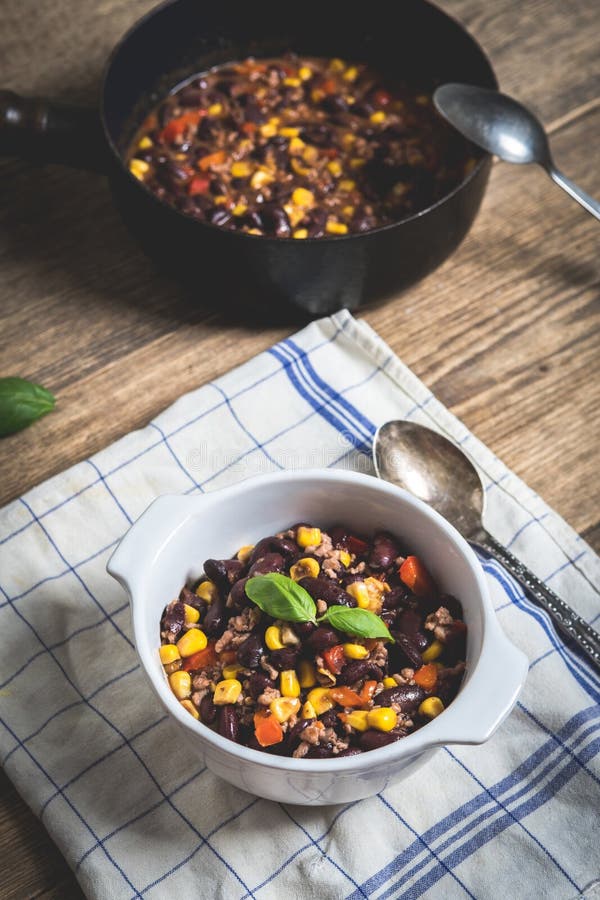 Chili Corn Carne on Wood Table Stock Photo - Image of kitchen, kidney ...