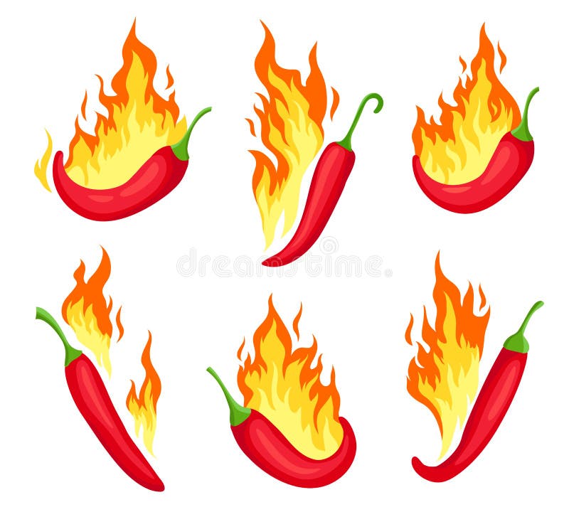 Chili in fiamme. peperoni rossi caldi vignetta con fiamme. emblema dell'icona del cibo piccante per la salsa messicana o il ristor illustrazione vettoriale