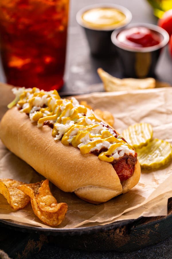 Chili Hot Dog with Onion and Mustard Stock Image Image of sausage