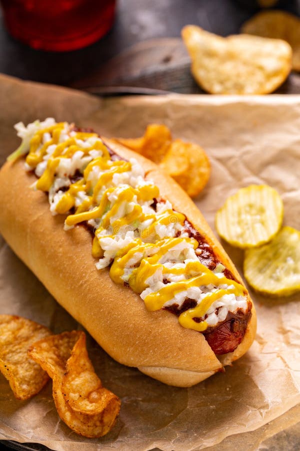 Chili Hot Dog with Onion and Mustard Stock Image Image of bread, fast