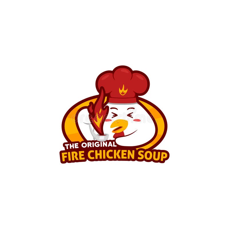 Chili kurczaka polewki gorący logo z śliczną kurczaka szefa kuchni mienia kopyścią z pożarniczą płomień polewki ilustracją royalty ilustracja Chili kurczaka polewki gorący logo z śliczną kurczaka szefa kuchni mienia kopyścią z pożarniczą płomień polewki ilustracją royalty ilustracja