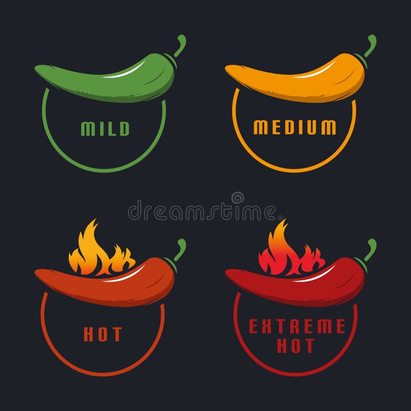 Chili Mild, medio, caliente, extremo caliente con la llama - ejemplo colorido del vector - aislada en fondo negro ilustración del vector Chili Mild, medio, caliente, extremo caliente con la llama - ejemplo colorido del vector - aislada en fondo negro ilustración del vector