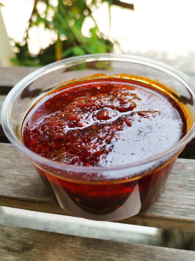 Chili Paste in a Plastic Cup. Thai Dips are Sweet and Spicy Stock Photo
