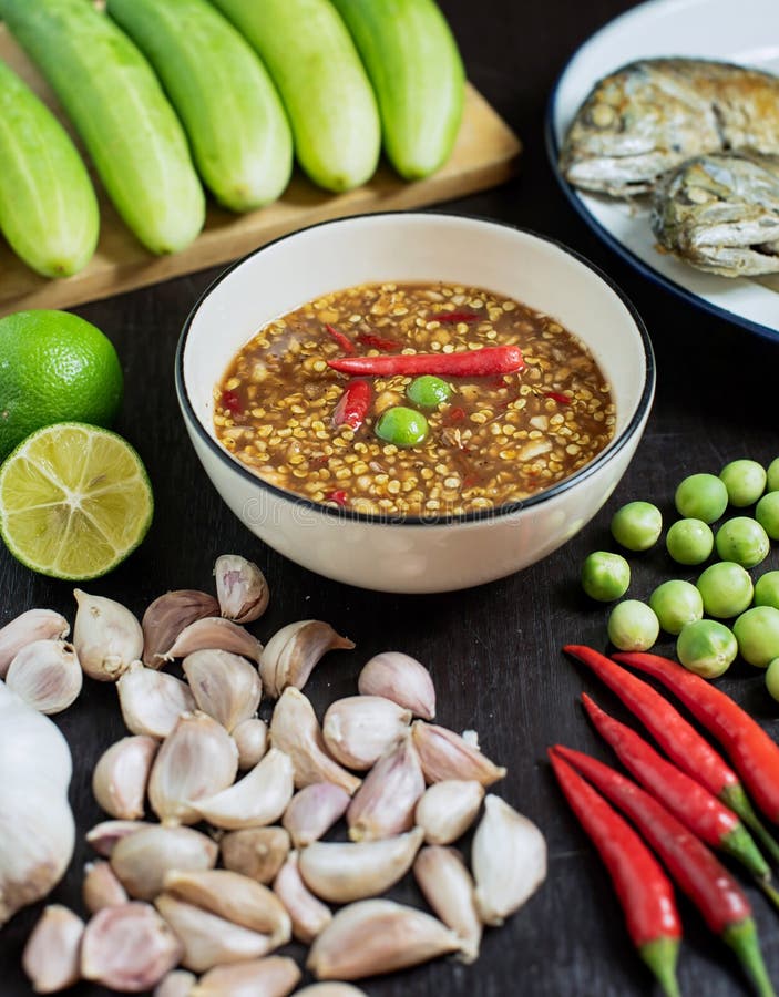 Chili Paste Thai Language Nam Prik Kapi in a White Bowl with