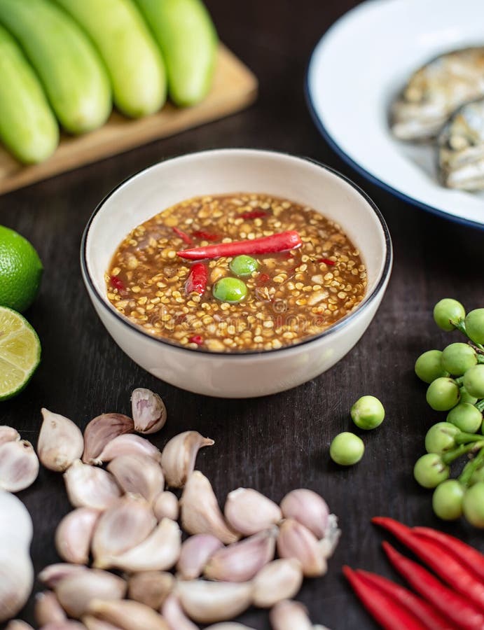 Chili Paste Thai Language Nam Prik Kapi in a White Bowl with