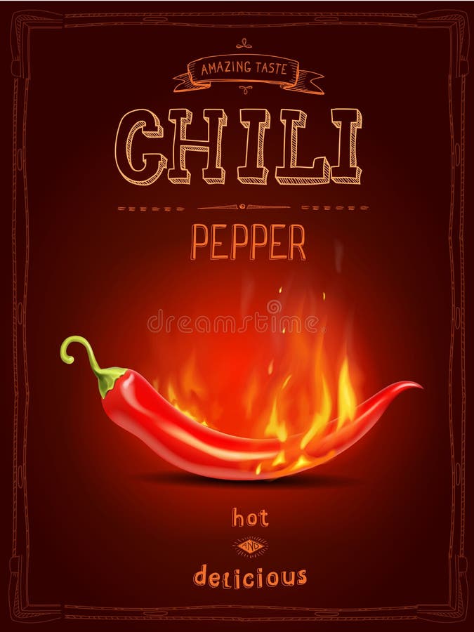 Chili pepper in fire hot sauce poster or logo stock illustration Chili pepper in fire hot sauce poster or logo stock illustration