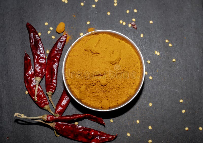Chili Powder and Fresh and Dried Peppers on Table Stock Image Image