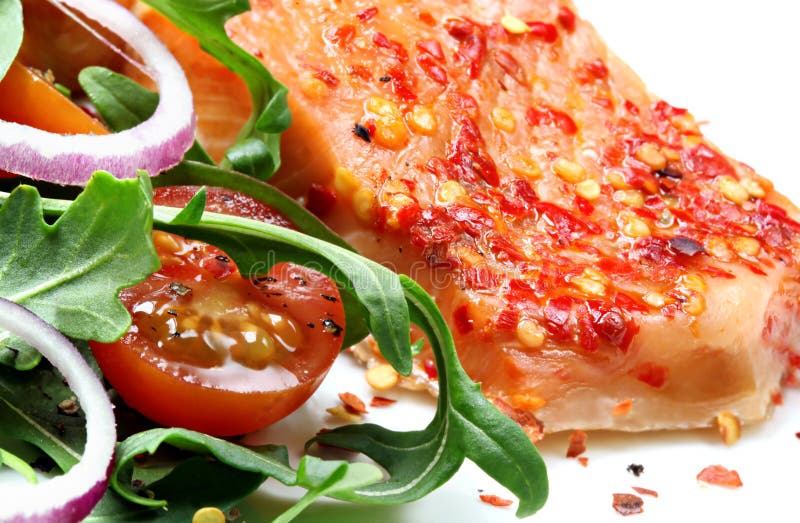 Chili Salmon with Salad royalty free stock images Chili Salmon with Salad royalty free stock images