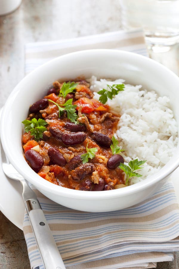 Chilli Con Carne with Rice stock image. Image of tomato 36400217