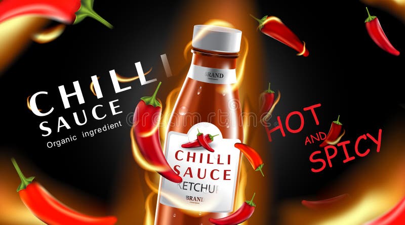 Chilli hot sauce product ads and chili peppers in fire shape with burning fire effect on black background, 3d illustration vector illustration Chilli hot sauce product ads and chili peppers in fire shape with burning fire effect on black background, 3d illustration vector illustration