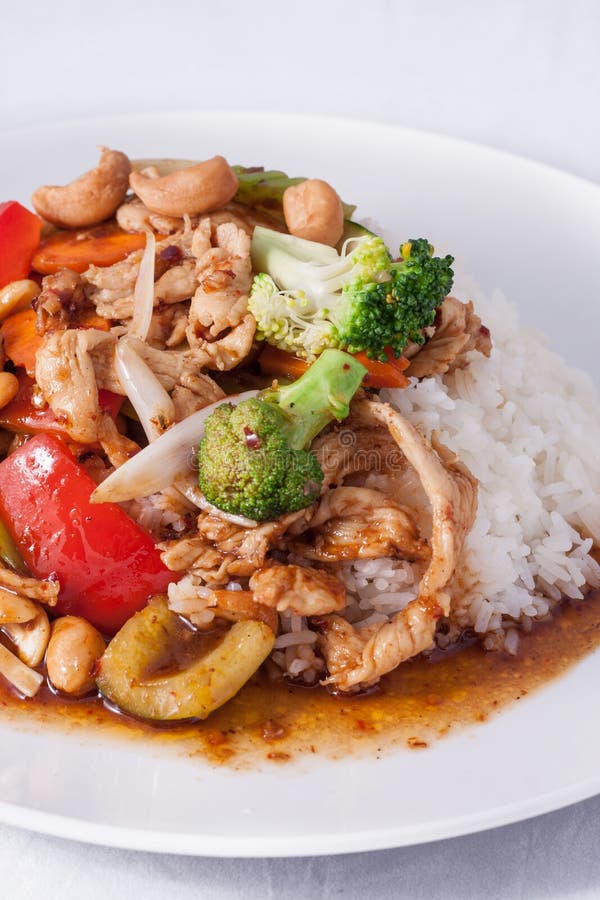 Chilli Jam Chicken Cashew Nuts With Rice. Stock Photo Image of