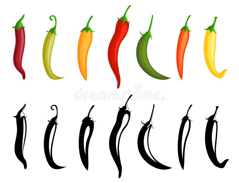 Chilli pepper. Hot red, green and yellow chili peppers. Isolated mexican spices, vector paprika icon signs. Chilli