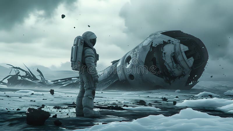 Chilling Echoes: Tales of the Last Explorer. /n. In this 3D rendering, the viewer follows the journey of a lone explorer amidst the frozen remnants of a crashed spacecraft, battling fierce stormy skies, and confronting the chilling echoes of a desolate landscape, in a tale of survival and human endurance. /n Generated by ai