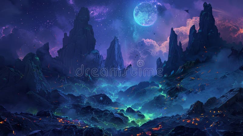 The chilling howl of the wind echoes through the haunted valley causing the glowing rocks to flicker and dance in an stock photo