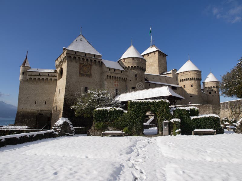 Chillon Castle in Winter with Snow Editorial Image - Image of edge ...