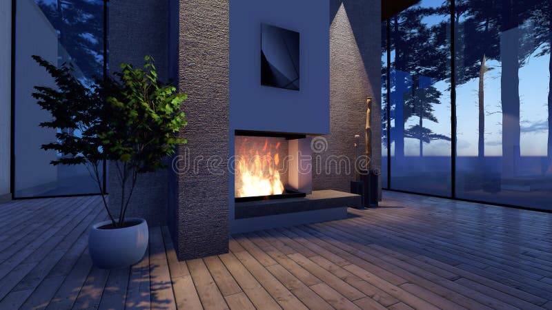 Chimenea Moderna En La Piedra Blanca Con Las Luces Stock de ilustración