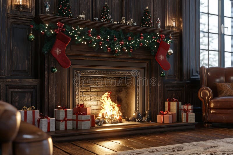 Chimenea y árbol de navidad en el interior del salón. generado por ai