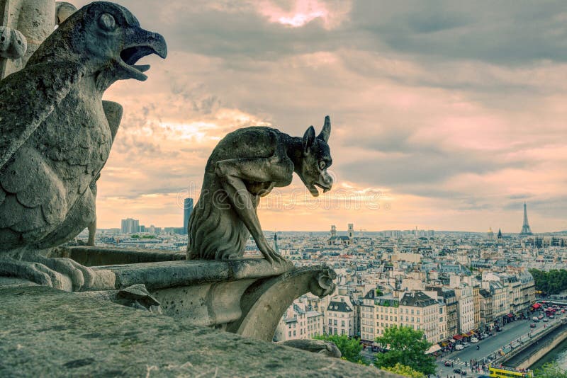 Chimeras of the Cathedral of Notre Dame de Paris overlooking Par