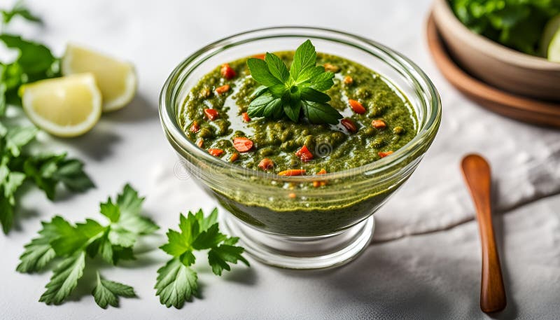 Chimichurri verri σε ένα γυάλινο μπολ σε λευκό φόντο ελεύθερη απεικόνιση δικαιώματος