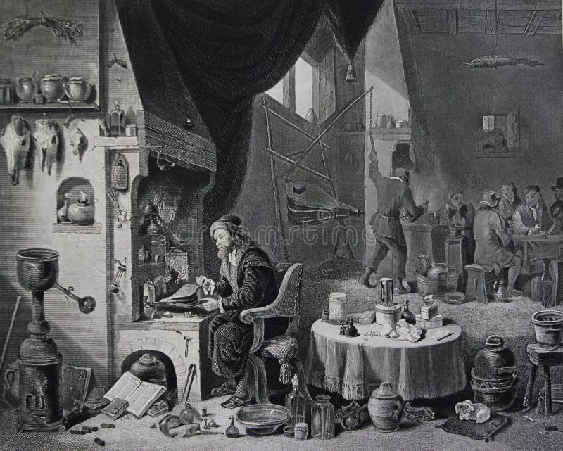 Chemist by David Teniers engraved in a vintage book Picture Galleries of Europe, edition of M.S. Wolf, vol. 1, 1862, St. Petersburg Vintage, retro. Chemist by David Teniers engraved in a vintage book Picture Galleries of Europe, edition of M.S. Wolf, vol. 1, 1862, St. Petersburg Vintage, retro.