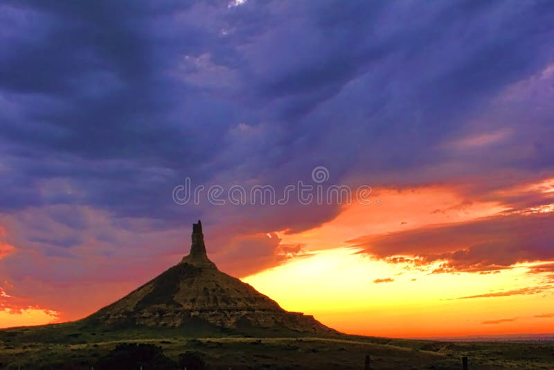 Chimney Rock Landmark in Nebraska after Sunset