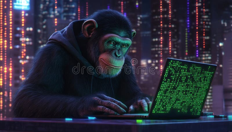 Chimp monkey working as a computer hacker in a generative AI illustration royalty free stock photo