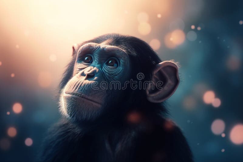 A chimpan monkey looking up at the sky with a bright light behind it and a blurry boke of bubbles in the background. generative stock photo