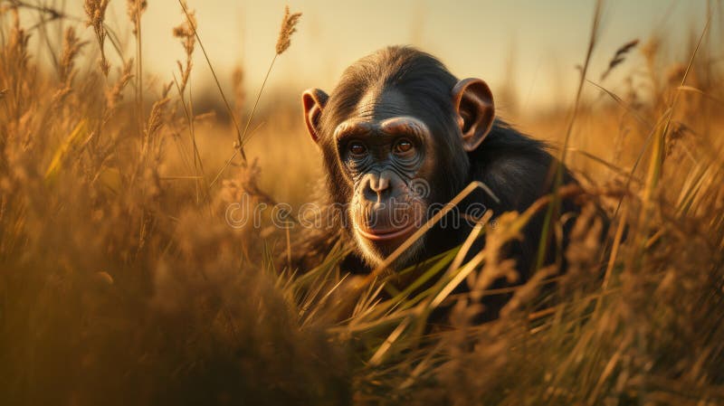 A chimpanzee in tall grass gazes at its own reflection, surrounded by a lens flare effect. this concept art piece showcases the use of zbrush and unreal engine 5 to create an emotive storytelling experience. the image combines elements of classic portraiture with a realistic portrayal of the chimpanzee. Sparse use stock images, royalty-free photos and pictures