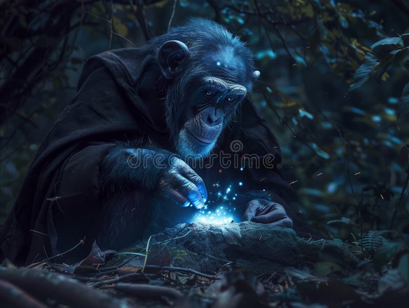 Chimpanztrollguide med mörk cloak som utför en arkanritual i en månbelyst skog vektor illustrationer