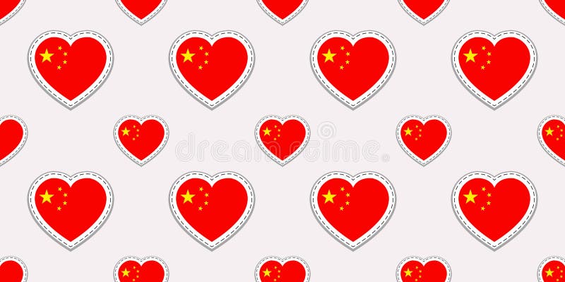 China flag seamless pattern. Vector chinese flags stickers. Love hearts symbols. Texture for language courses, sports pages, trave stock illustration China flag seamless pattern. Vector chinese flags stickers. Love hearts symbols. Texture for language courses, sports pages, trave stock illustration