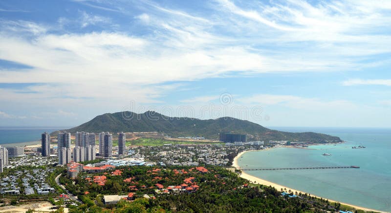 China Hainan island, city of Sanya, aerial view on man-made island in the form