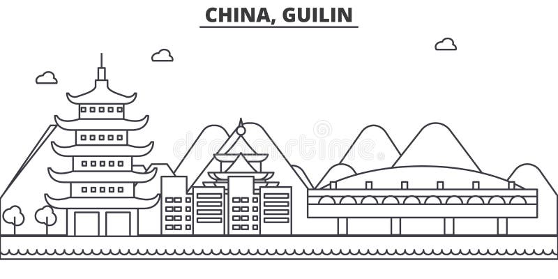 China, línea ejemplo de la arquitectura de Gulin del horizonte Paisaje urbano linear con las señales famosas, vistas de la ciudad ilustración del vector China, línea ejemplo de la arquitectura de Gulin del horizonte Paisaje urbano linear con las señales famosas, vistas de la ciudad ilustración del vector