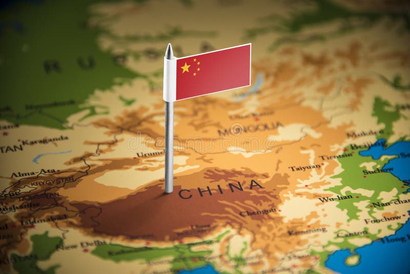 China marked with a flag on the map