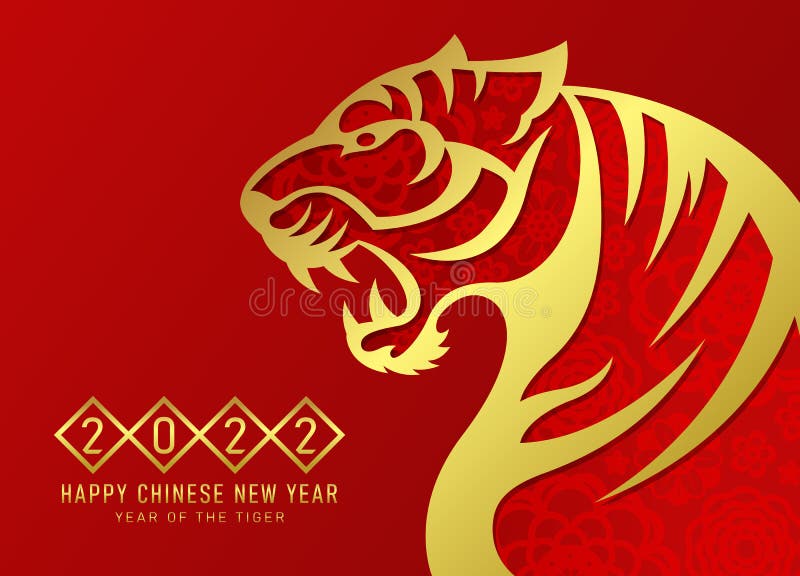 China new year 2022 - gold abstract Roaring tiger zodiac sign with flower texture on red background vector design