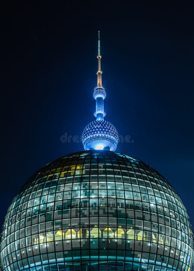 China,Shanghai-21 AUG 2017: Shanghai Oriental Pearl tower glass facade night view royalty free stock images China,Shanghai-21 AUG 2017: Shanghai Oriental Pearl tower glass facade night view royalty free stock images