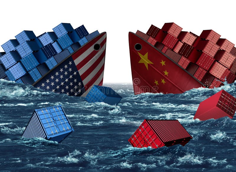 China United States trade trouble and economic war or American tariffs and Chinese tariff as two sinking cargo ships as a taxation dispute over import and exports with 3D illustration elements.