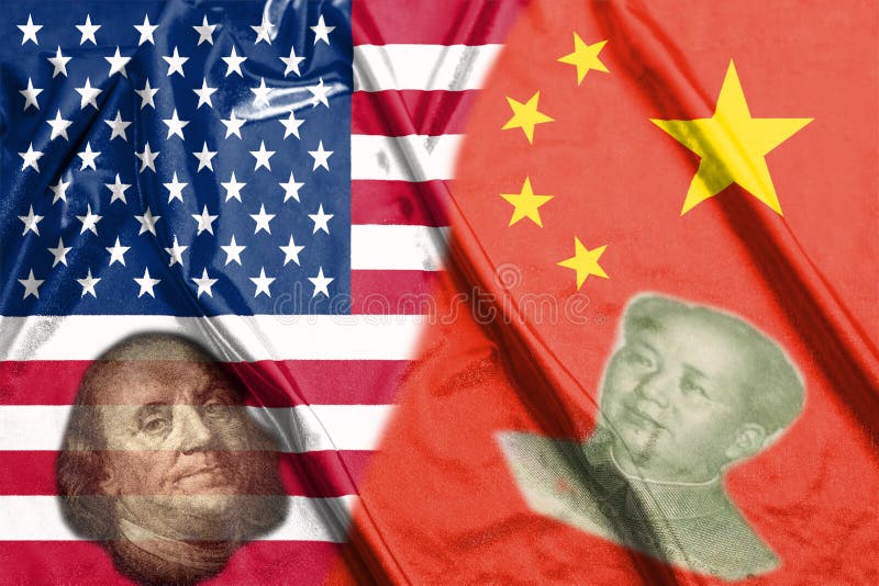 China and Usa Two Half Flags Together with faces of Benjamin Franklin and Mao Zedong closeup