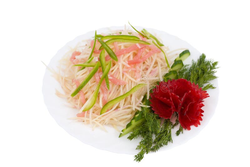 Chinese food. Salad of raw shredded potato, meat and green paprika, decorated with beet flower and dill. Isolated on white. Chinese food. Salad of raw shredded potato, meat and green paprika, decorated with beet flower and dill. Isolated on white.