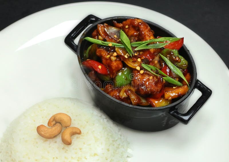 Chinese chili chicken with white rice