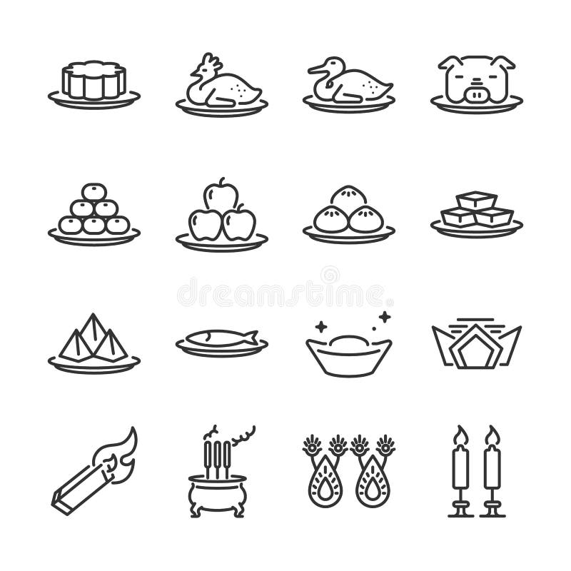 Chinese Ancestor Worship line icon set. Included the icons as Joss paper, candles, incense burner, food, dessert, fruits and more. vector illustration Chinese Ancestor Worship line icon set. Included the icons as Joss paper, candles, incense burner, food, dessert, fruits and more. vector illustration