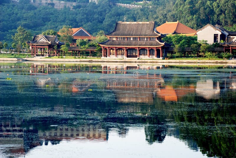The Chinese ancient building lakeside stock photo