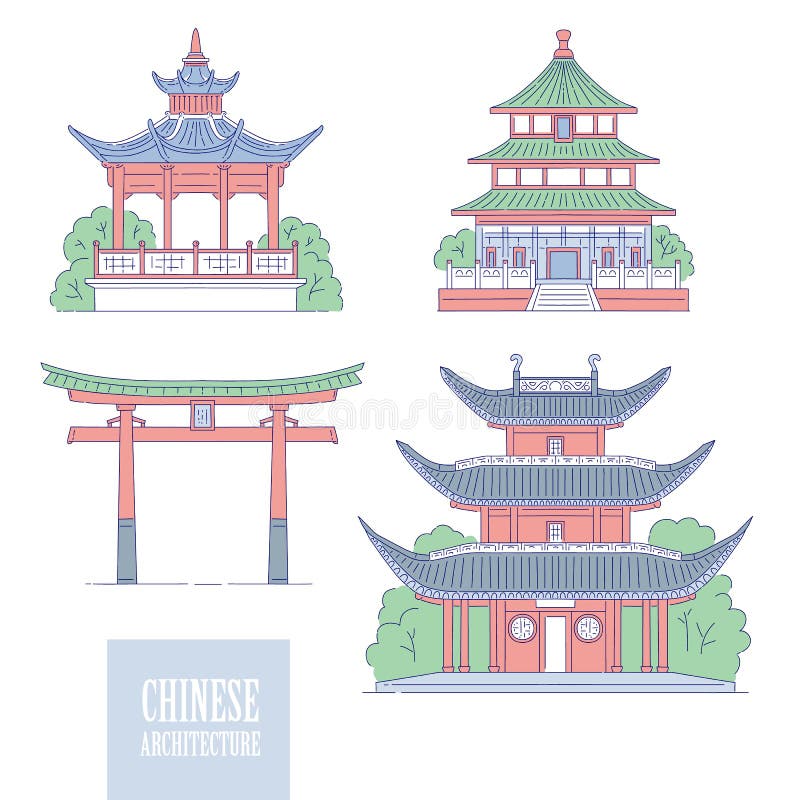 Chinese architecturale oriëntatiepunten De oosterse van de de kunstpoort van de architectuurlijn pagode en gazebo Vectorreeks ver stock illustratie Chinese architecturale oriëntatiepunten De oosterse van de de kunstpoort van de architectuurlijn pagode en gazebo Vectorreeks ver stock illustratie