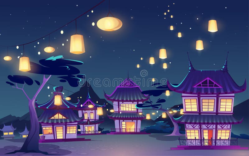 Old Paper With Asian Landscape And Chinese Lantern Stock Vector