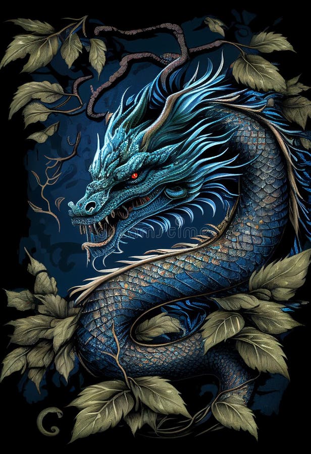 Chinese Blue Dragon in the Form of a Mystical Snake. AI Generated Stock
