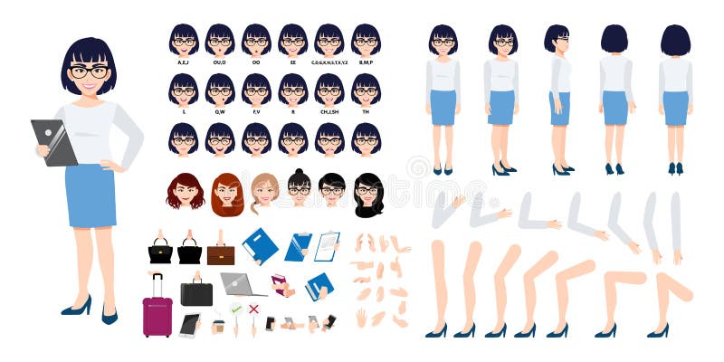 Chinese Businesswoman Cartoon Character Creation Set with Various Views,  Hairstyles, Face Emotions Vector Stock Vector - Illustration of side, avatar:  183744053