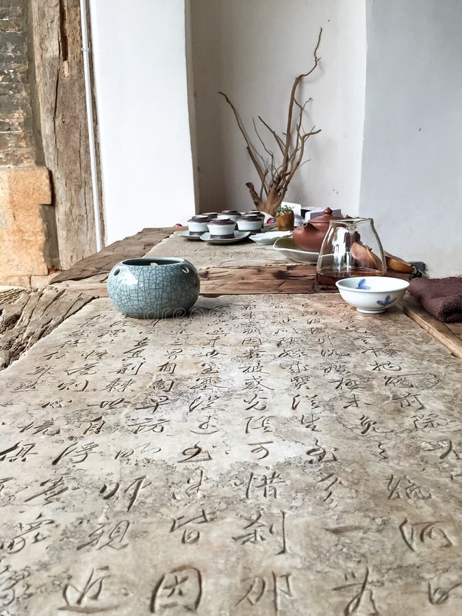 Chinese calligraphy table stock photo. Image of teacups 79934020