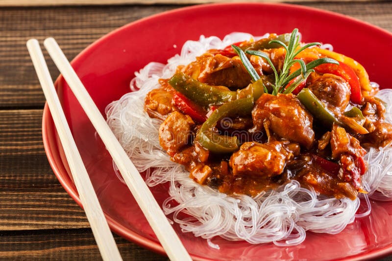 Delicious Thai Salad with Vegetables, Rice Noodles and Chicken Stock